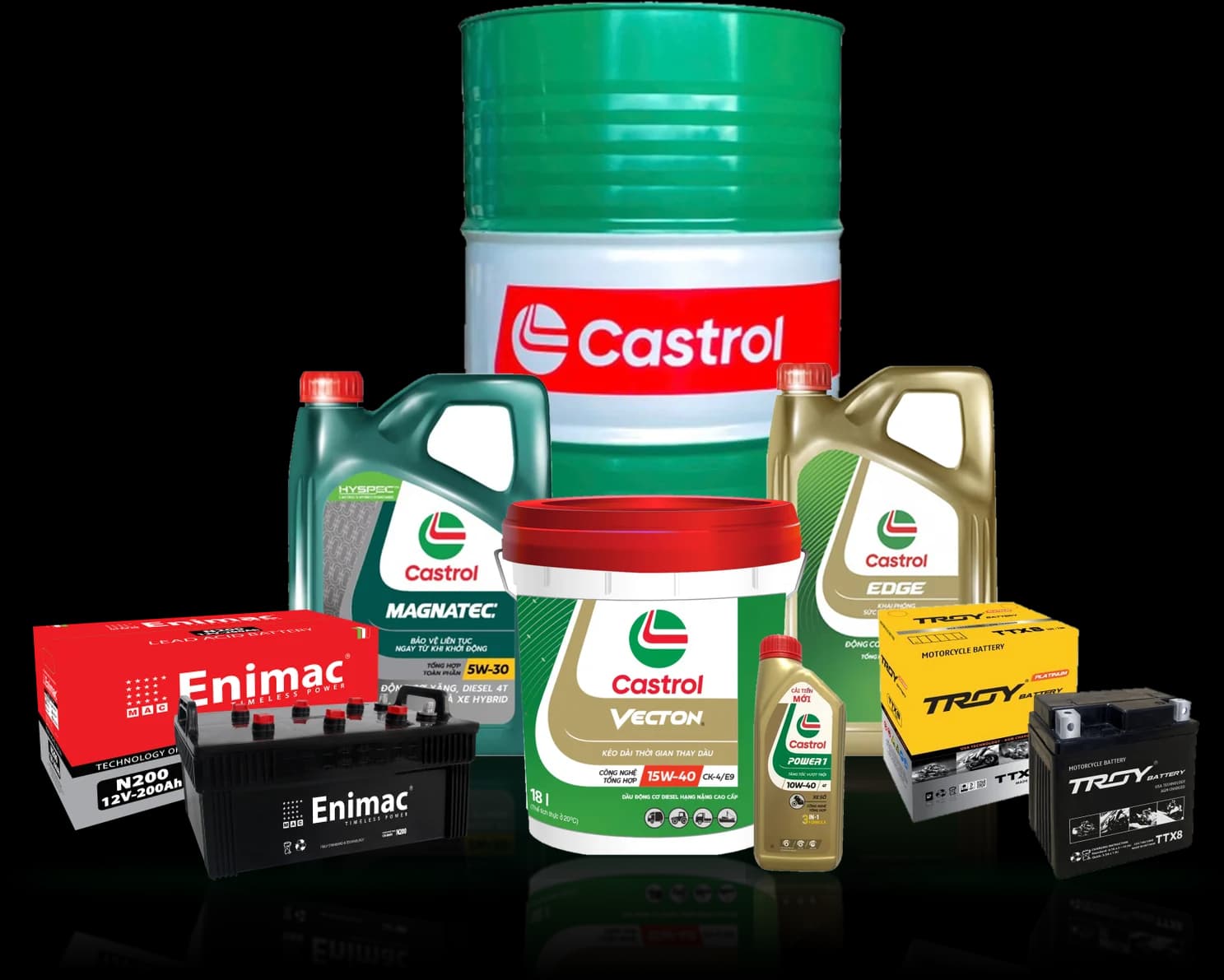 Dầu nhớt Castrol (phuy CRB Multi, xô Vecton, can Magnatec, Edge, chai Power1) cùng ắc quy Enimac N200 và ắc quy xe máy Troy